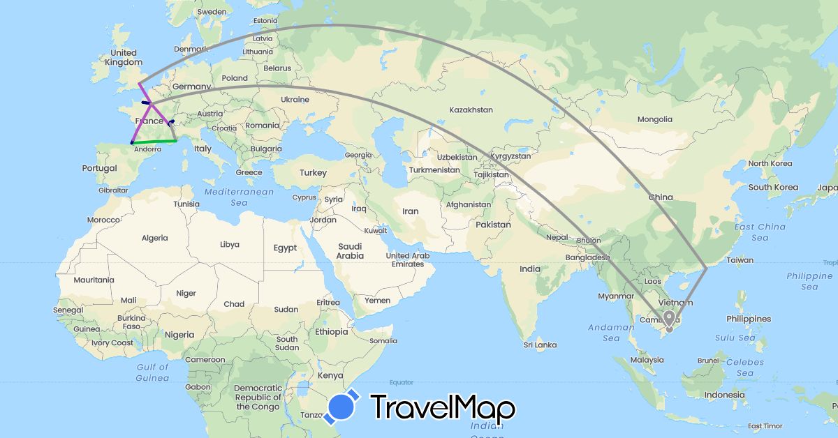 TravelMap itinerary: driving, bus, plane, train in Switzerland, China, France, United Kingdom, Vietnam (Asia, Europe)